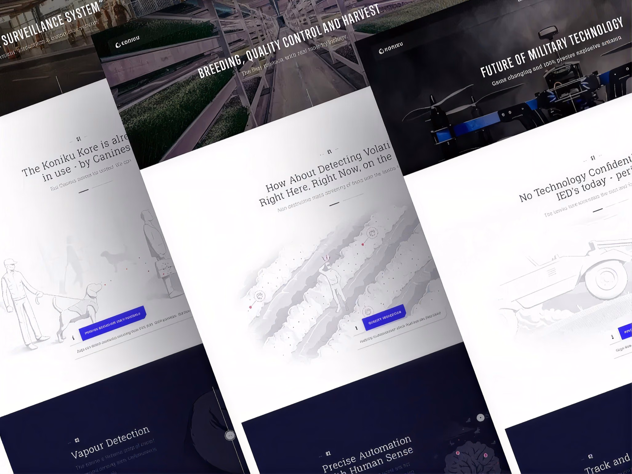 Koniku application pages for security, agriculture and the military