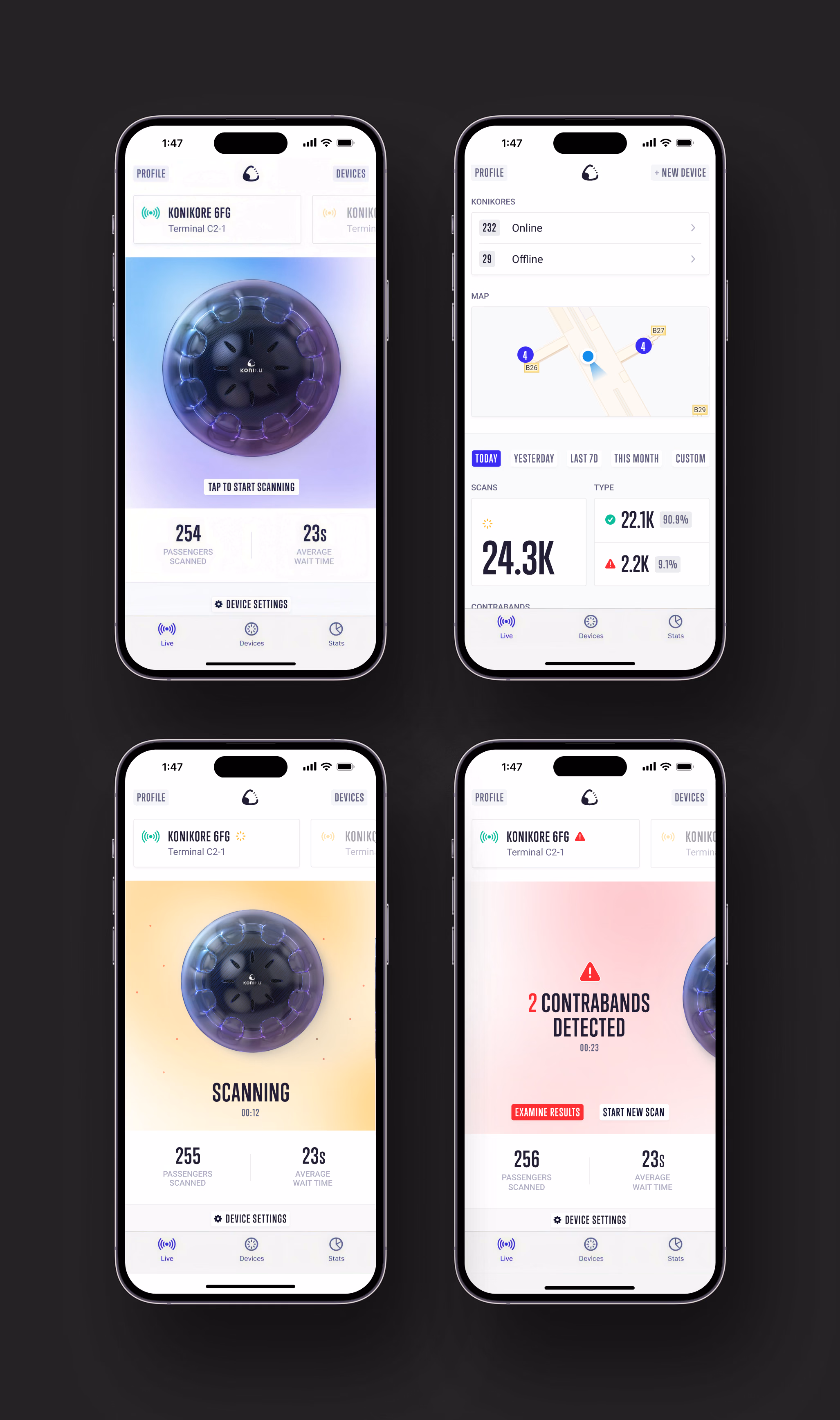 Koniku security app on four phones: scanning and contraband alerts