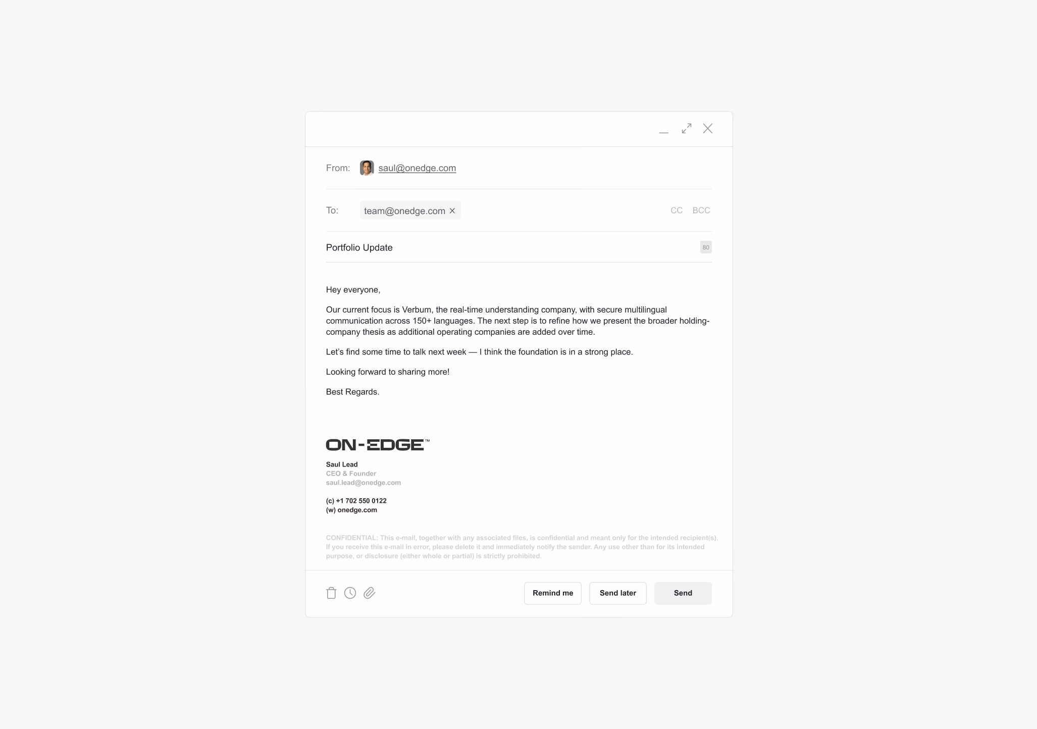 On-Edge email with its signature