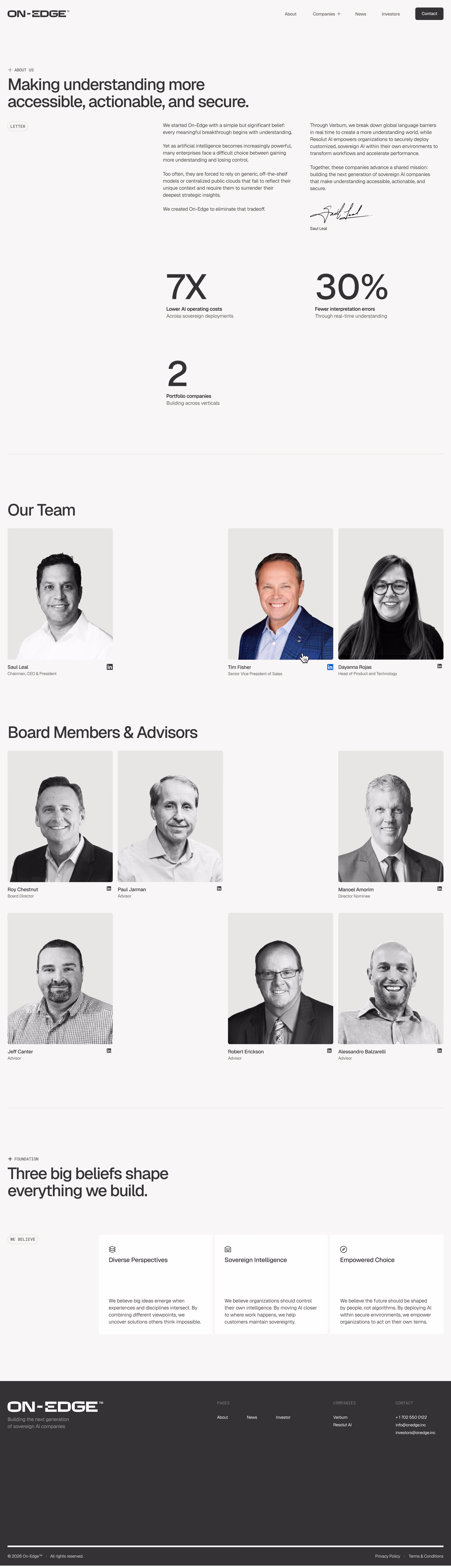 On-Edge website about page: the team and the board