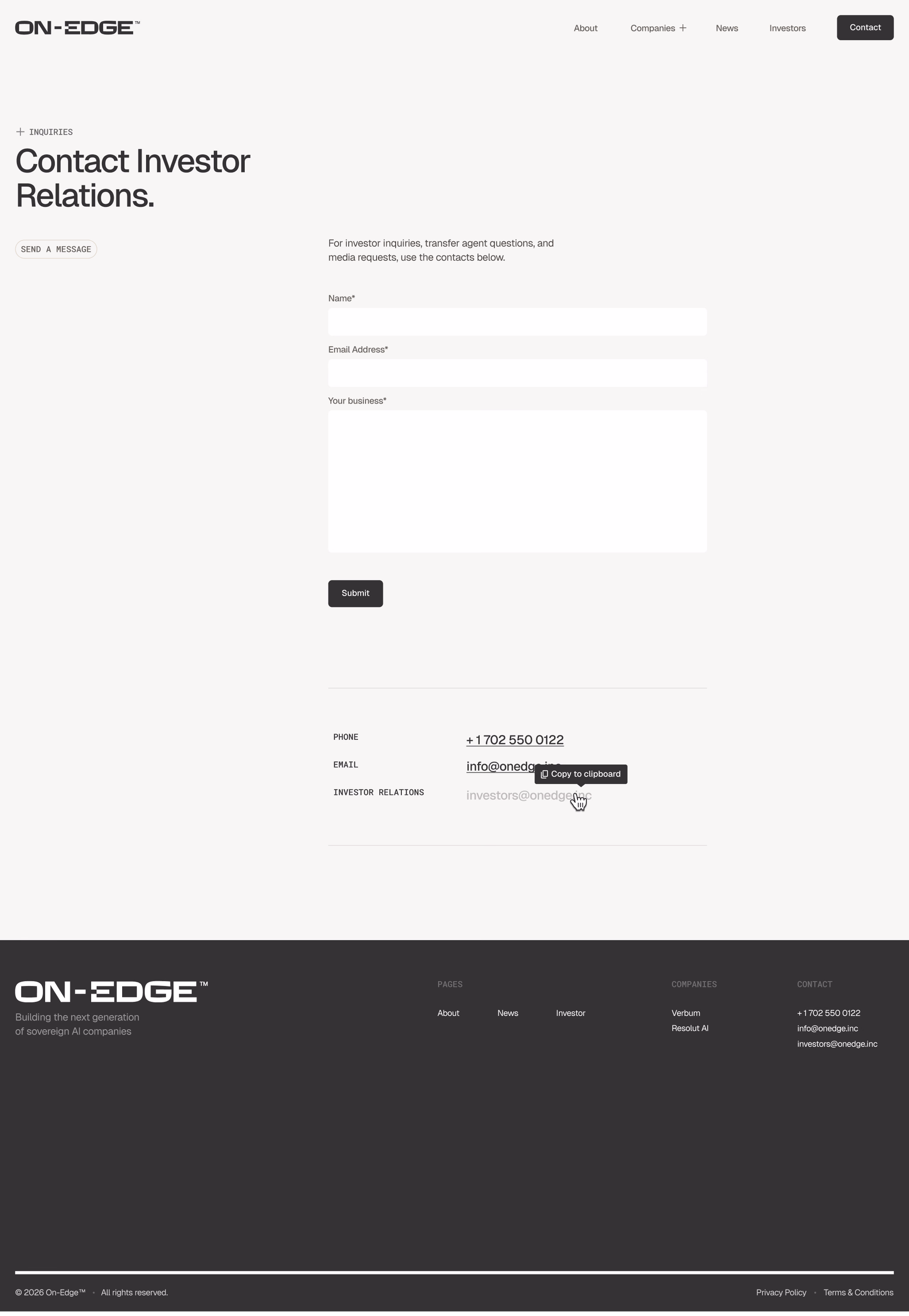 On-Edge website: the investor relations contact page