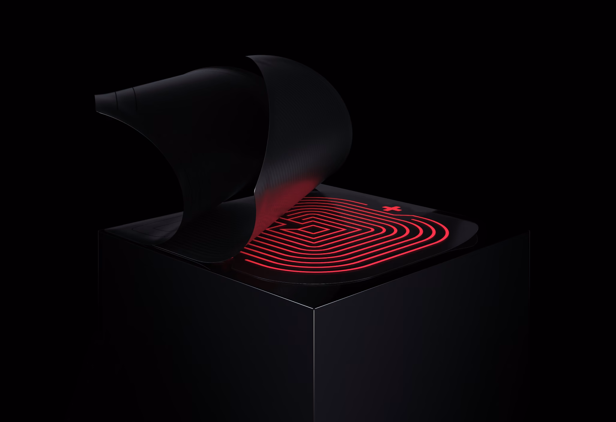 Tacterion sensor lit red under a lifted skin, on a black cube