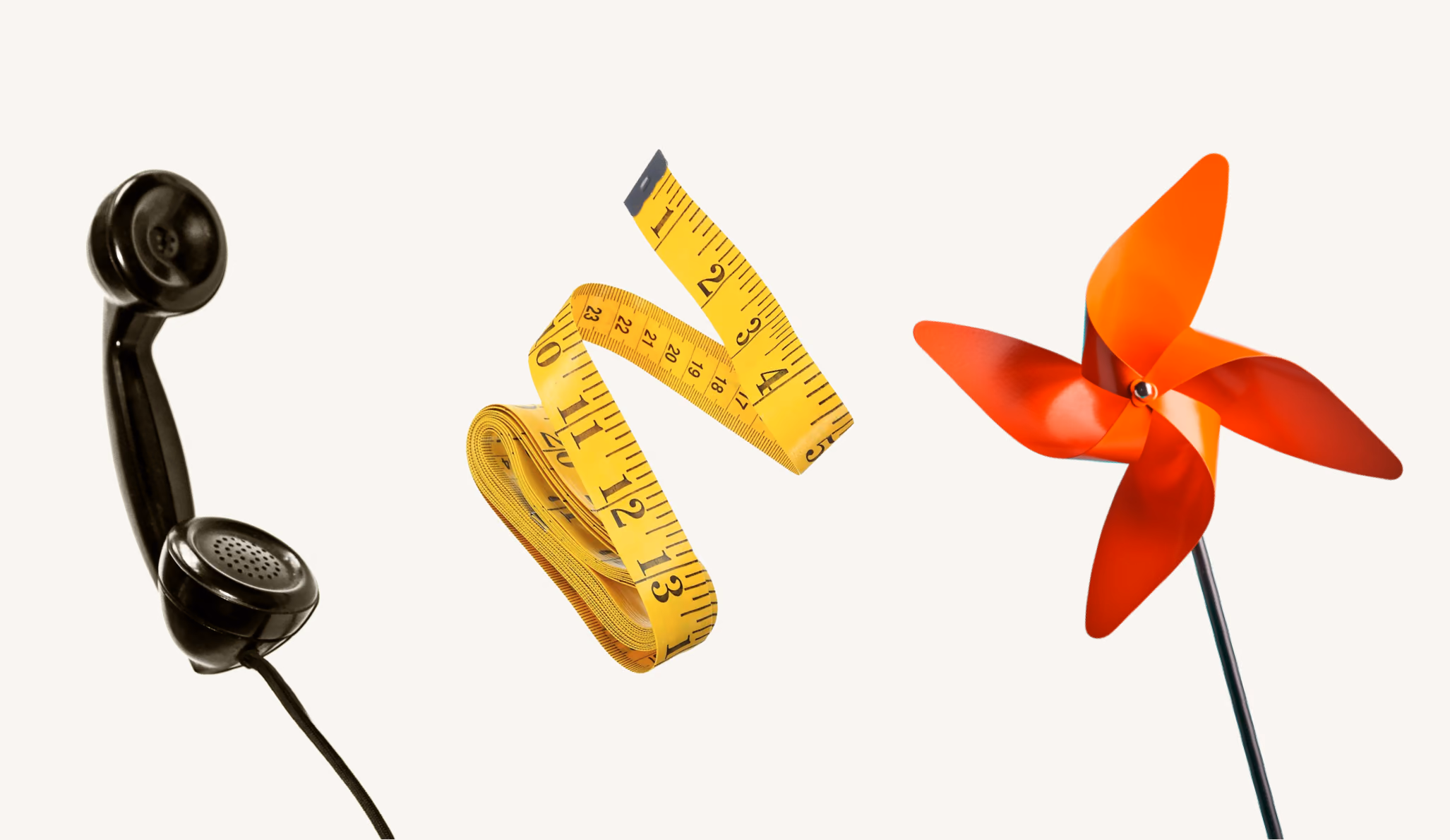 Telephone receiver, measuring tape and pinwheel, Yova photography props
