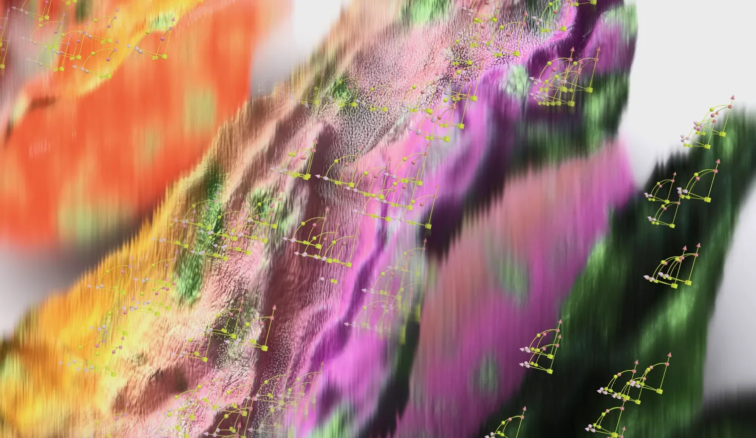 A rendered data landscape in orange, magenta and green, the plotted points running off toward the edge of the frame.