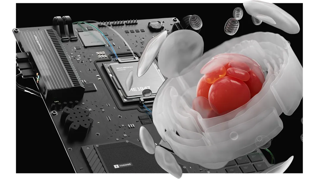 Roswell Biotechnologies 3D visualisation by FIFTYSEVEN: a cell opening over the molecular electronics chip board