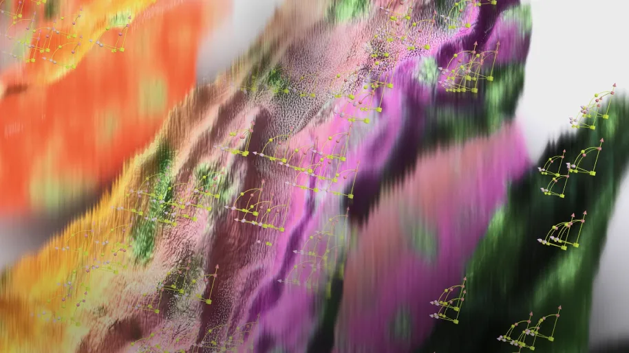 A rendered data landscape in magenta and orange, plotted points rising off its surface.